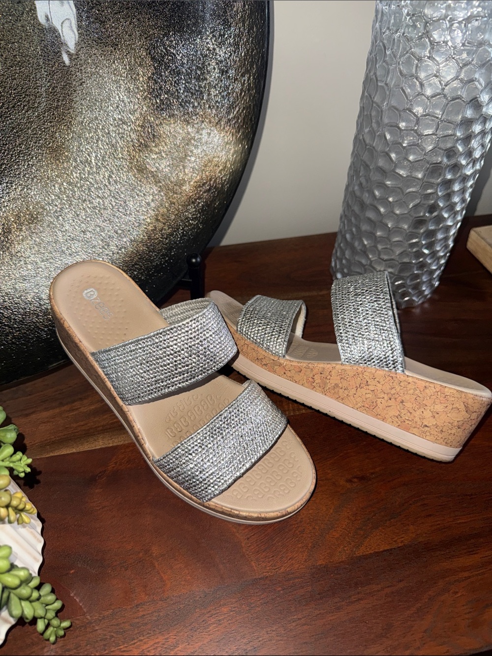 Bzees Wedge Slide Sandals - Silver Metallic Double-Strap